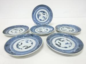 古伊万里　染付　墨弾き　七寸皿　6客